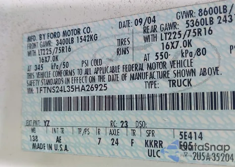 2005 Ford E-250 from USA, damaged, VIN 1FTNS24L35HA26925